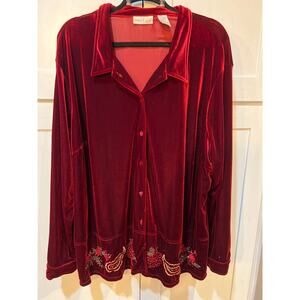 🎄 Studio EASE Woman Red Velvet Christmas Button-Up Top – Size 26W 🎄